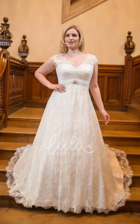 Lace Brush Train Broach Dress A-Line V-Neck Empire Formal