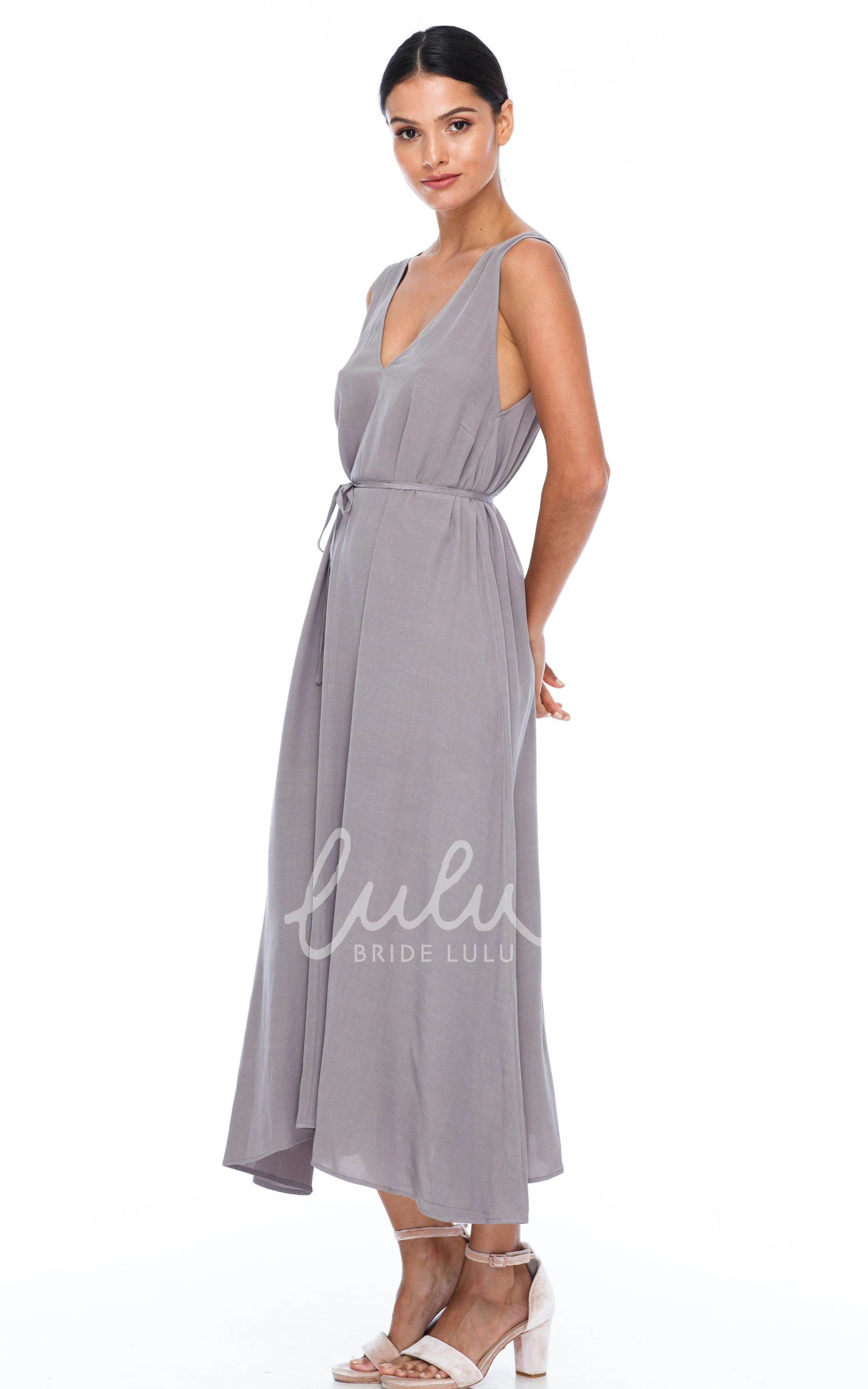 Charmeuse V-neck Bridesmaid Dress with Low-V Back and Sash Casual Bridesmaid Dress