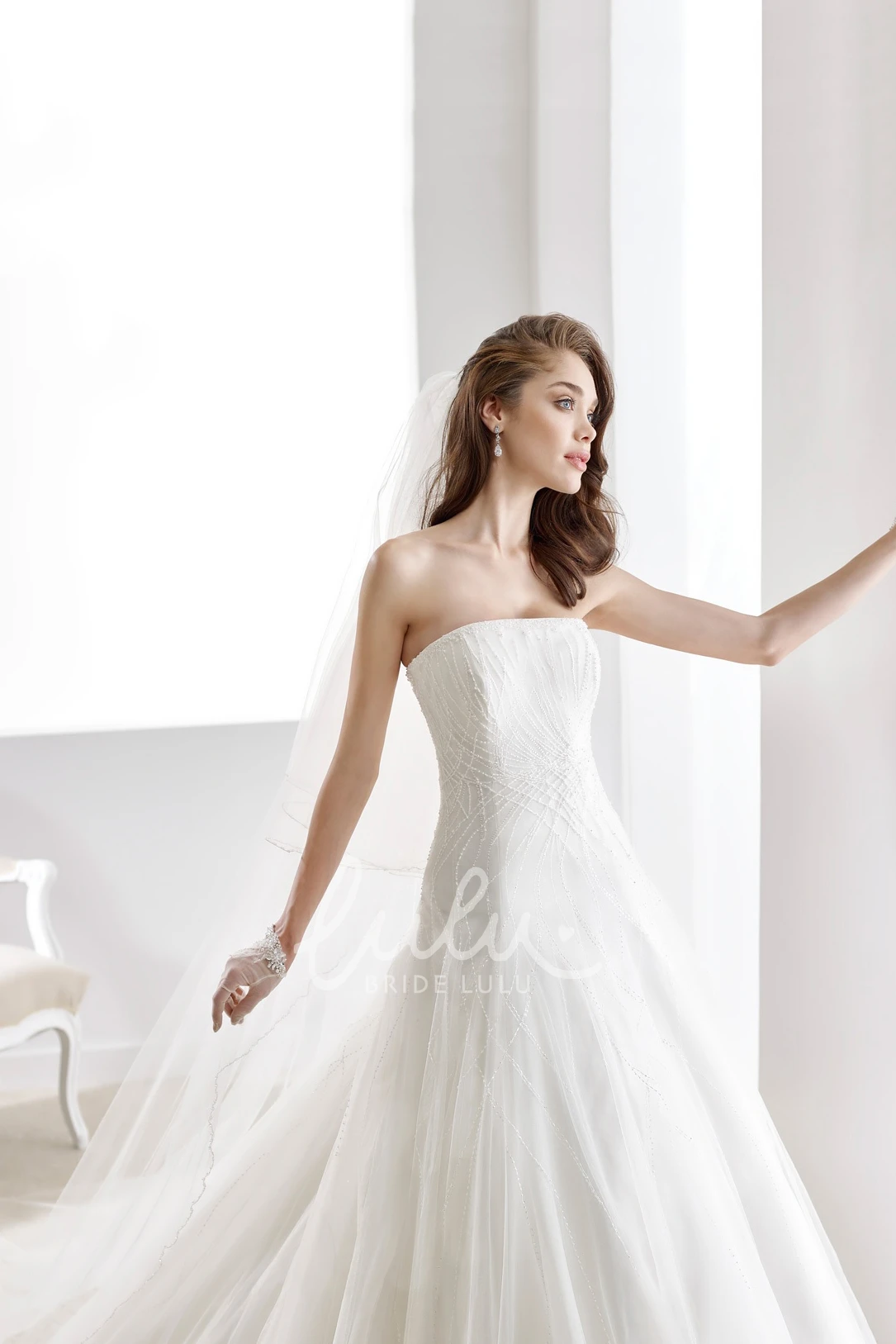 A-Line Wedding Dress with V-Neckline Floral Appliques and Side Ruffles