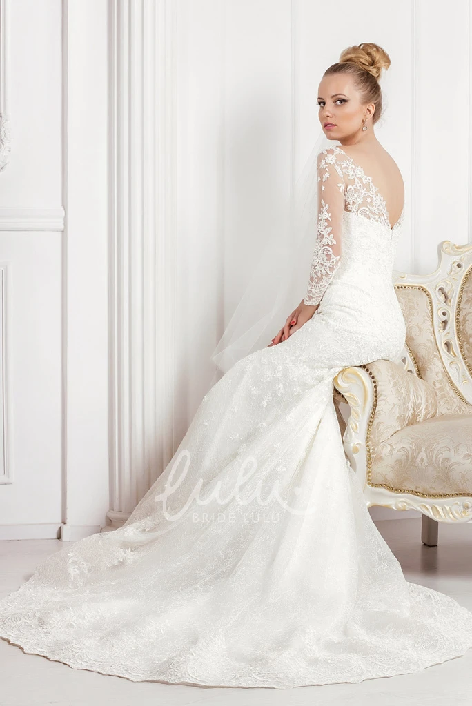 V-Neck Lace Wedding Dress with Court Train and 3/4 Sleeves Mermaid Bridal Gown