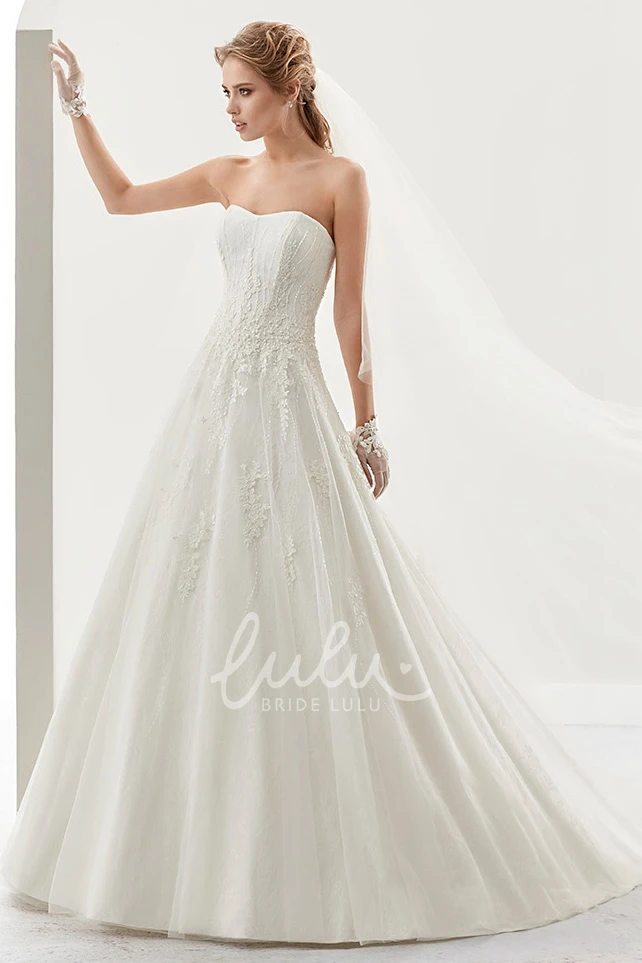 Lace Applique A-Line Wedding Dress with Brush Train and Strapless Design