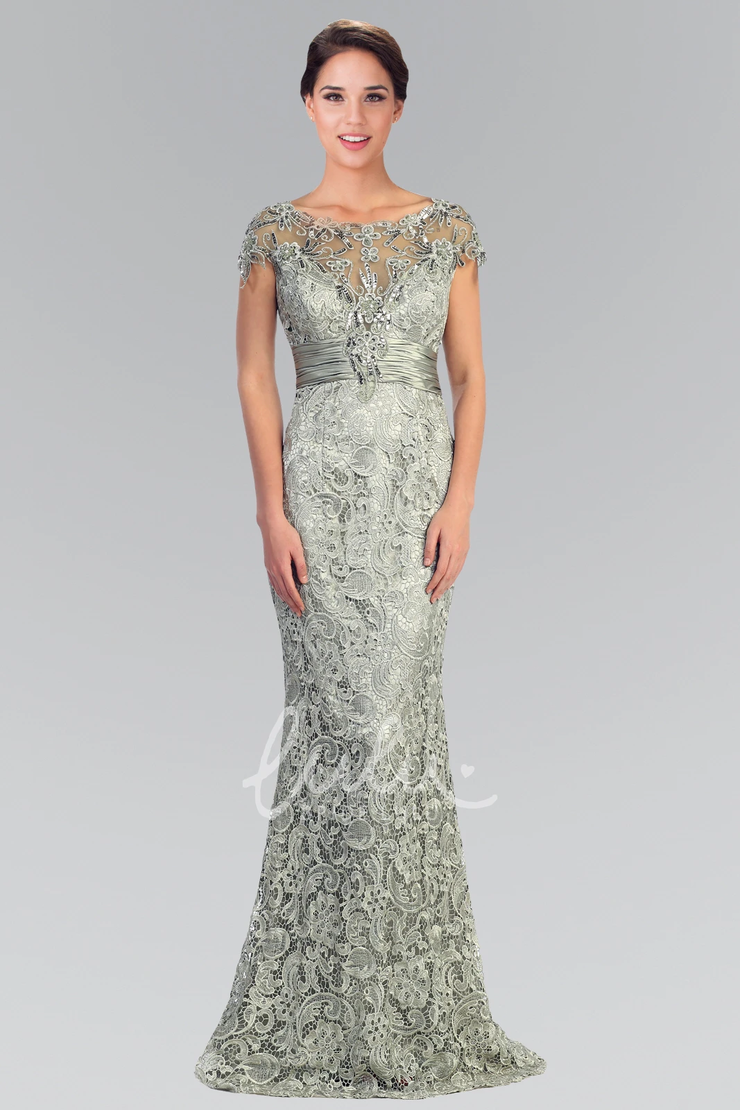 Lace Sequin Sheath Formal Dress with Short Sleeves