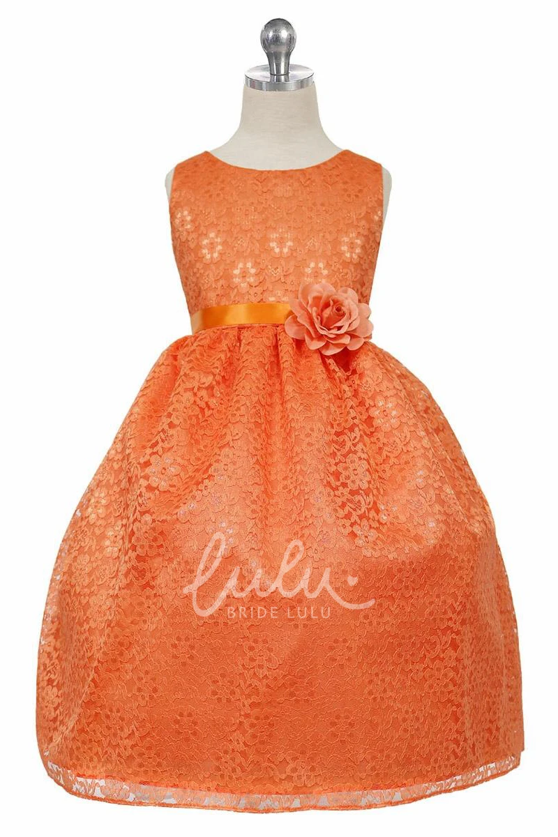 Floral Tulle and Lace Flower Girl Dress with Ribbon Midi Bowed Boho