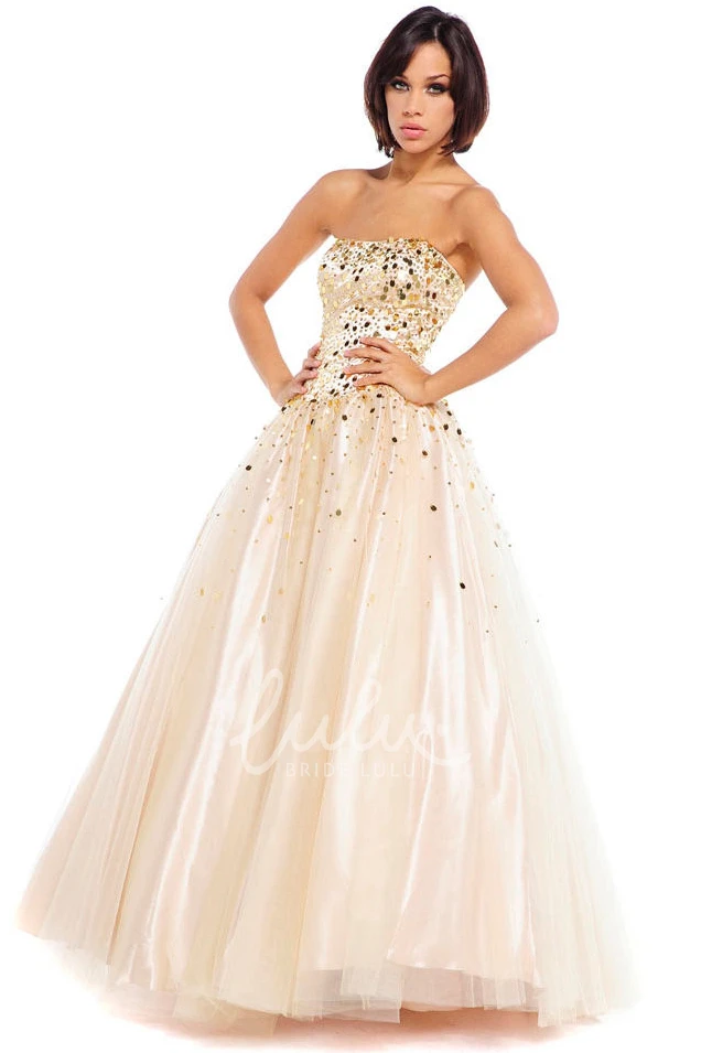 Beaded A-Line Strapless Satin Prom Dress with Lace-Up Back and Bow Floor Length