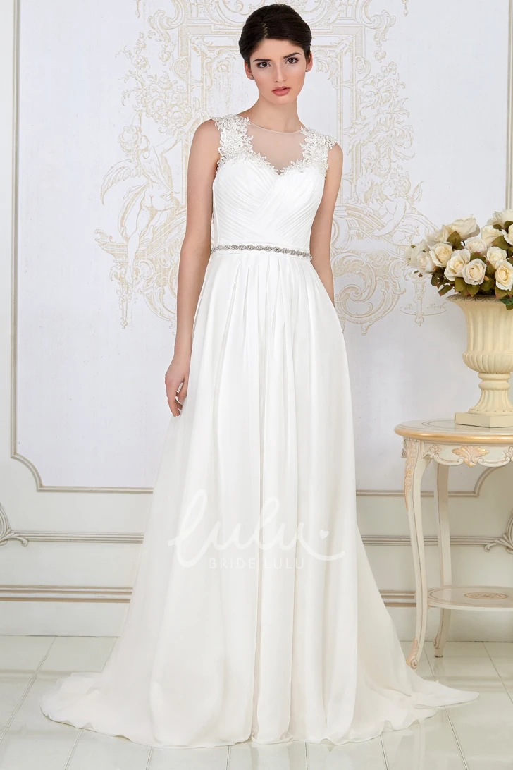 High-Neck Tulle&Satin Wedding Dress Sheath Floor-Length Ruched Appliques