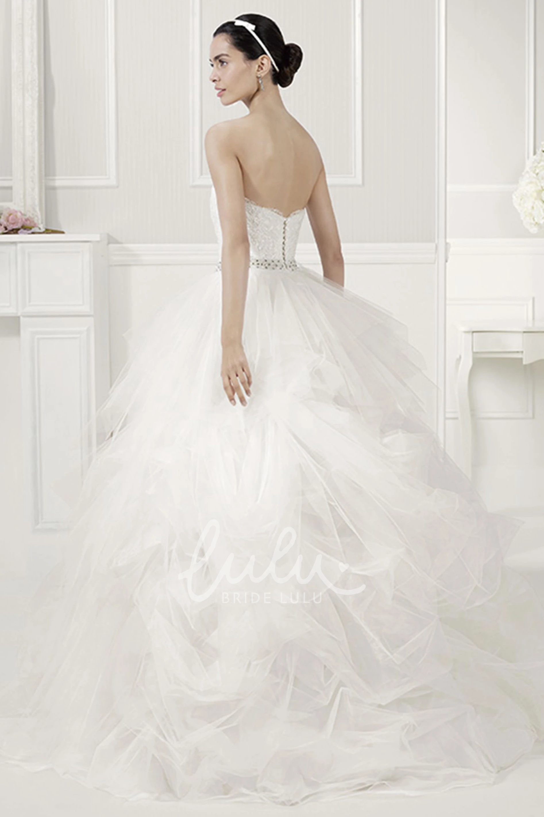Jewel Neckline Bridal Ball Gown with Layered Organza Skirt and Crystal Embellishments