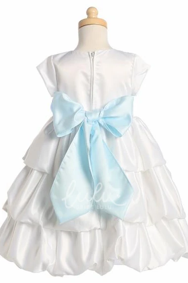 Satin Cap-Sleeve Tiered Tea-Length Flower Girl Dress with Ribbon