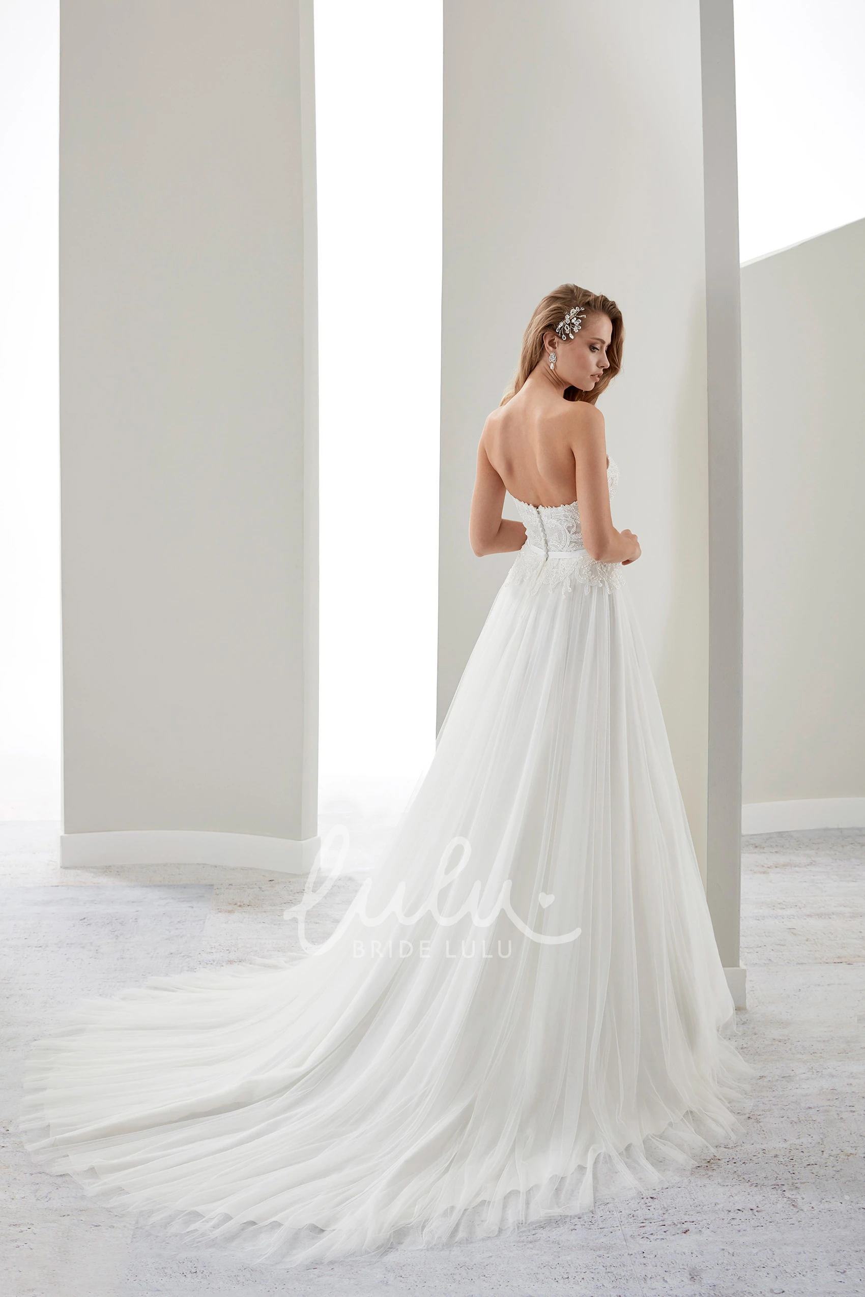 Strapless Floral Lace Bridal Gown with Draping and Open Back Unique Wedding Dress