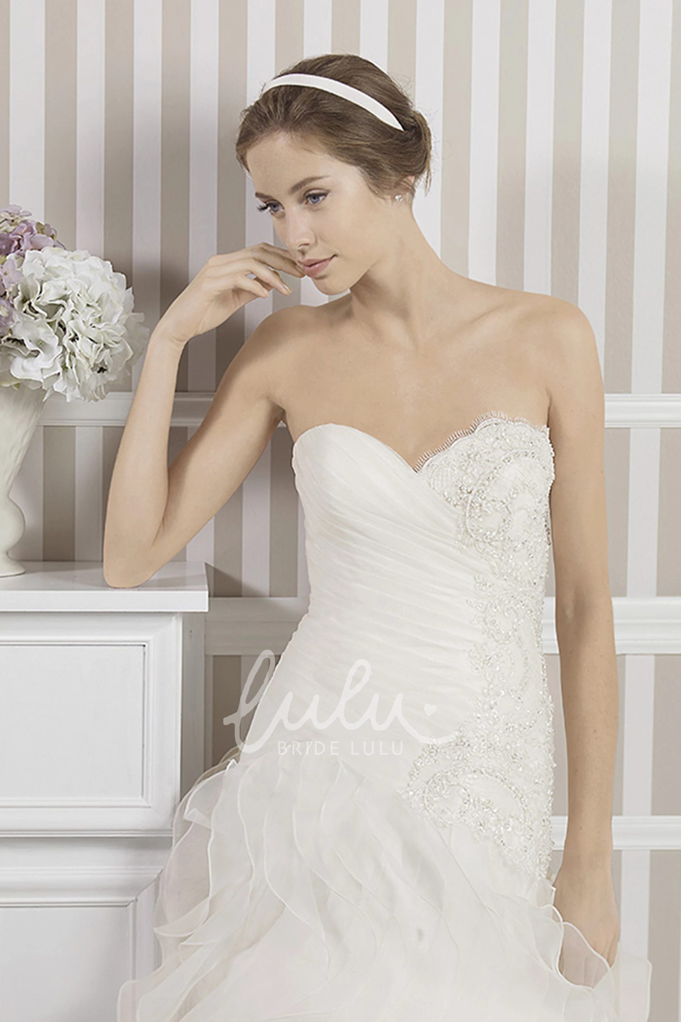 A-Line Organza Wedding Dress with Cascading Ruffles and Beading