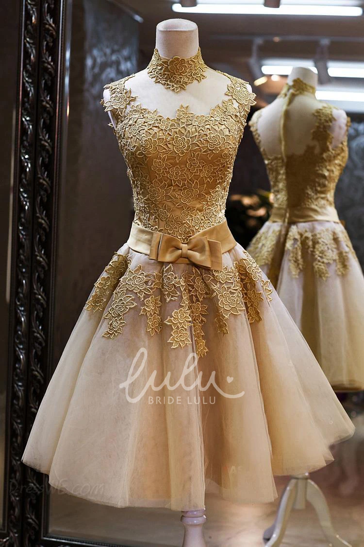 Short Prom Dress High Neck Golden Appliques Sleeveless Unique Dress