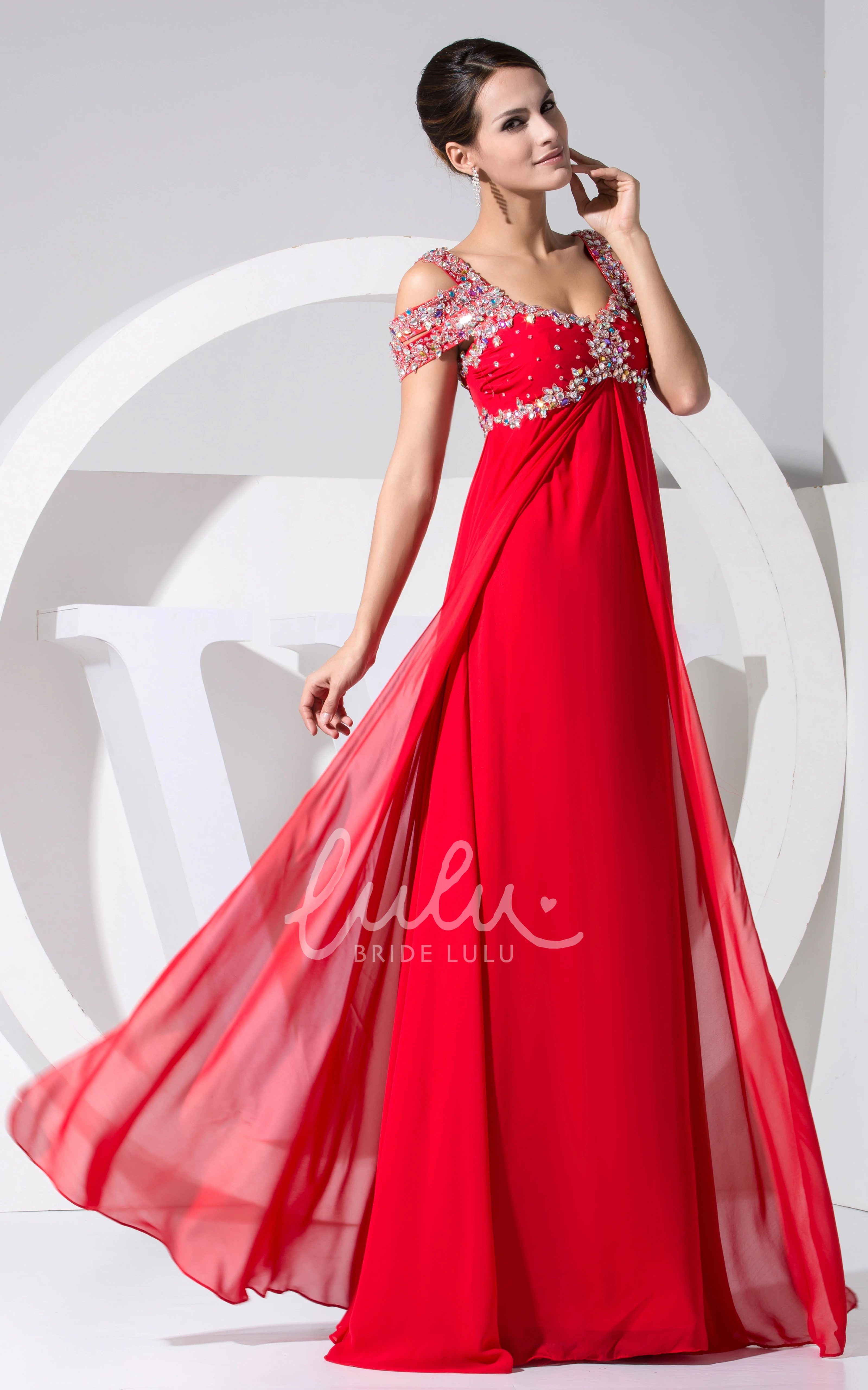 Long Chiffon Formal Dress with Beading Off Shoulder Empire Women