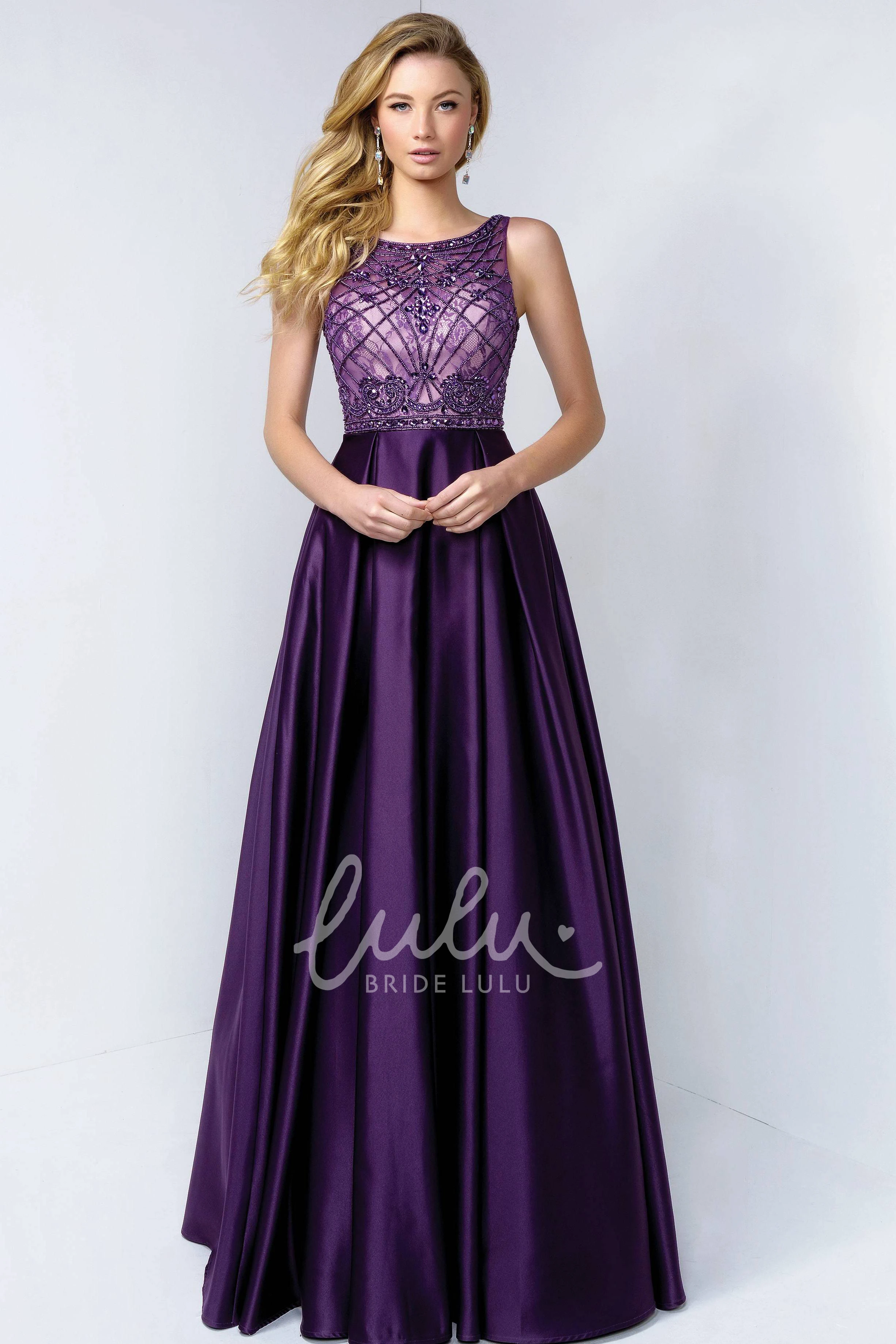 A-Line Satin Bateau Long Dress with Low-V Back and Lace for Prom