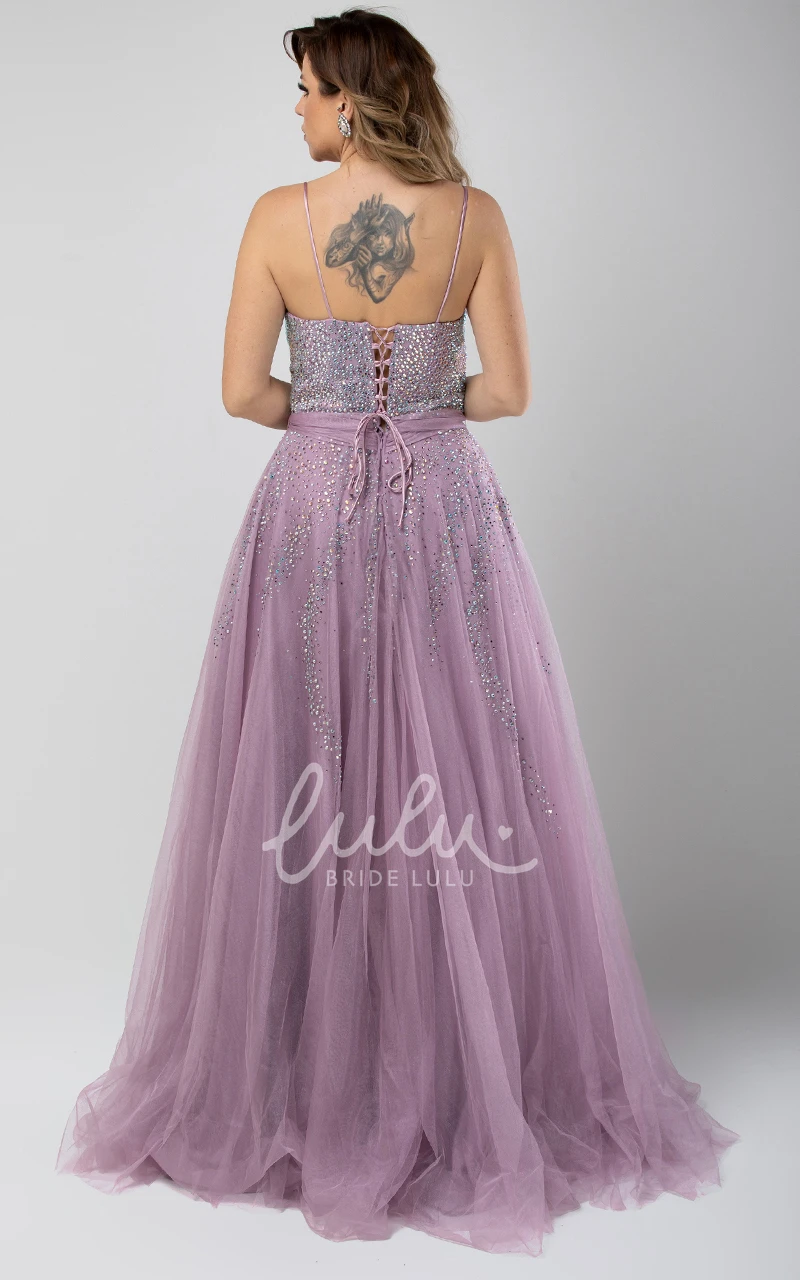 Spaghetti Sleeveless Tulle Evening Dress with Beading Casual A Line Formal Dress
