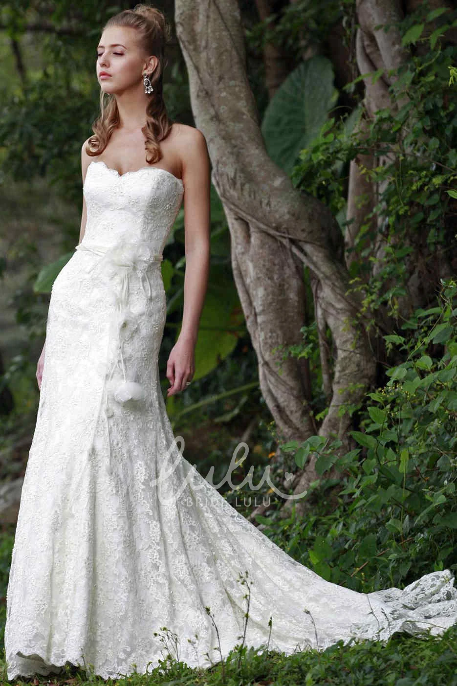 Strapless Lace Sheath Wedding Dress with Appliques Court Train and Flower Embellishment