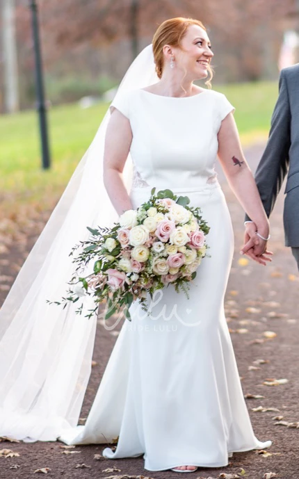 Solid Satin Mermaid Jewel Neckline Sweep Train Short Cap Sleeve Garden Wedding Dress