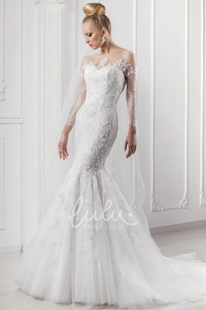 Mermaid Lace Wedding Dress with Bateau Neckline and Long Sleeves Unique Bridal Gown