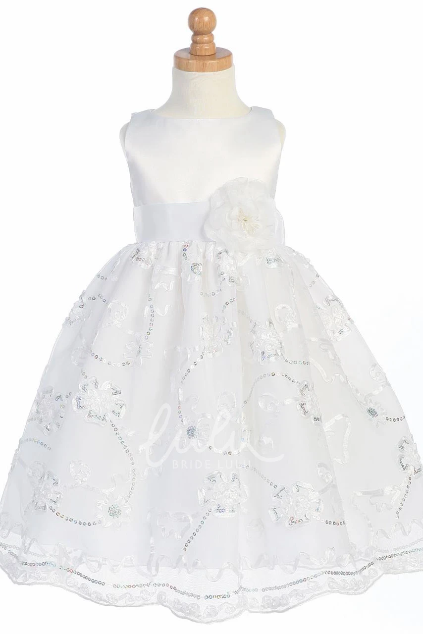 Tulle & Satin Flower Girl Dress with Bow Detail Tea-Length Bridesmaid Dress