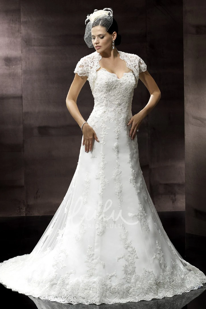 Lace Cap-Sleeve A-Line Wedding Dress With Court Train Elegant Women's Bridal Gown