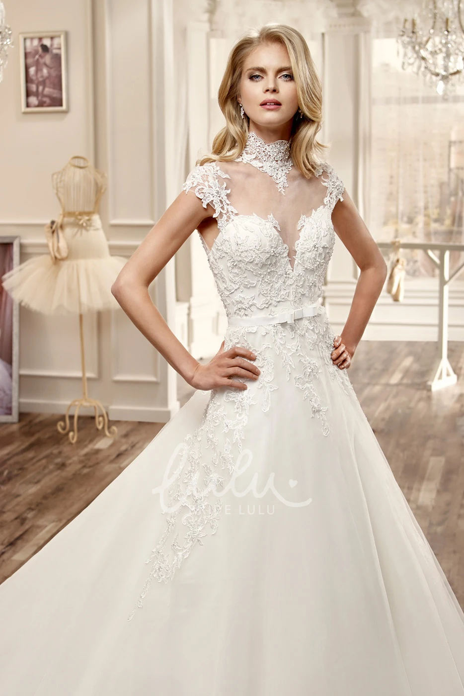 A-Line Wedding Dress with High Neck Appliques and Illusive Neckline/Back