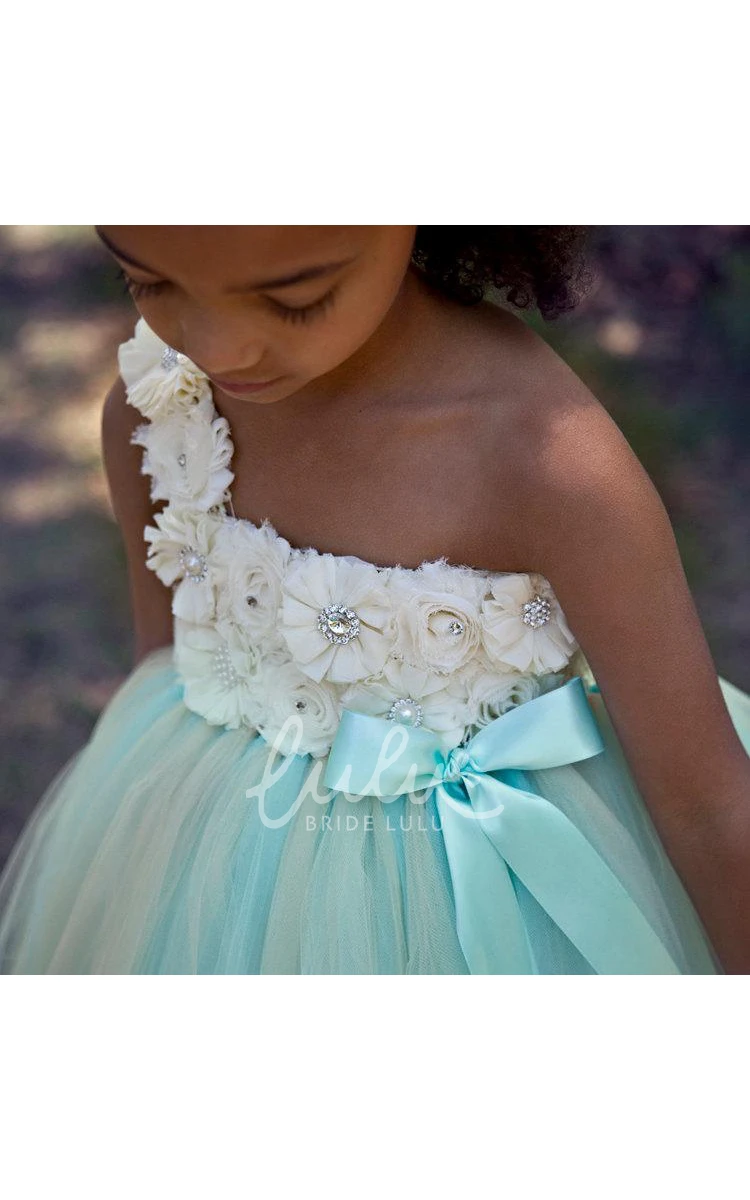 Cute Boho A-Line One Shoulder Lace Tulle 3D Floral Flower Girl Dress