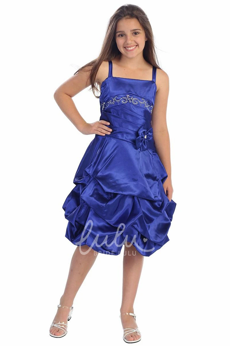 Satin Floral Knee-Length Flower Girl Dress with Beaded Tiers