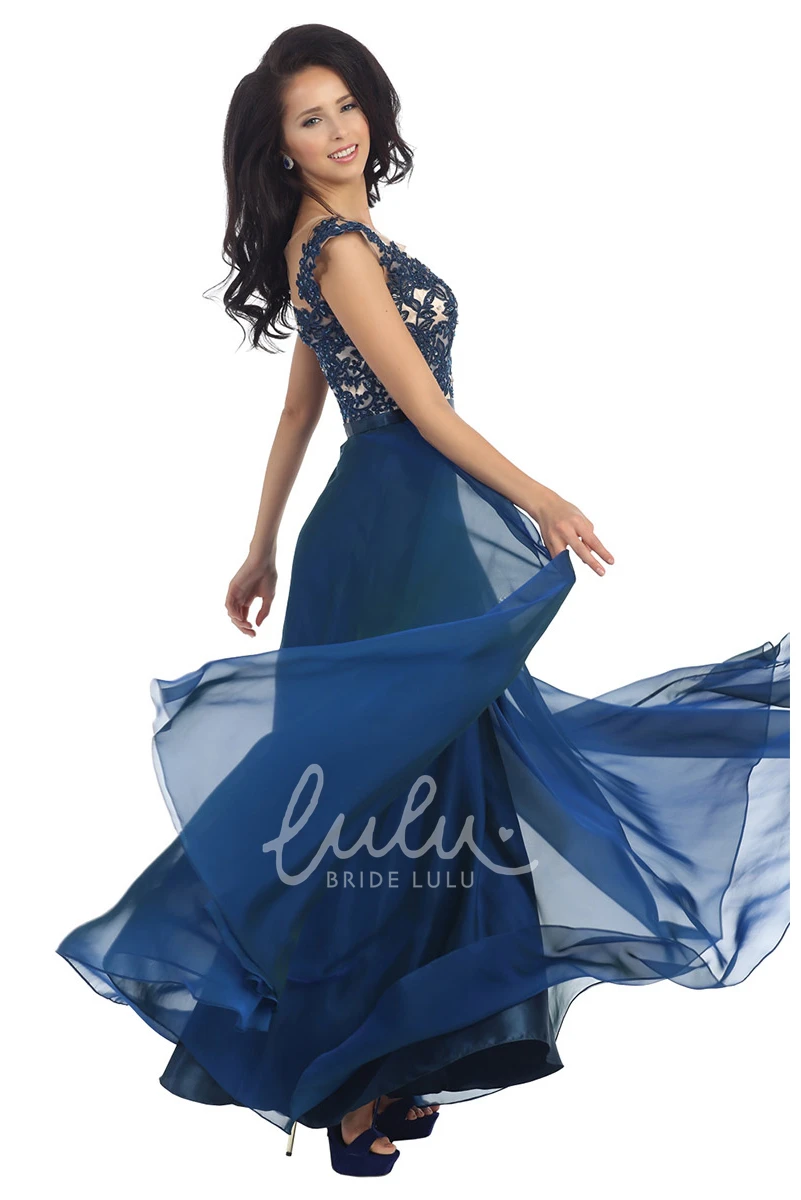 Unique Chiffon Illusion Dress with Appliques and Pleats