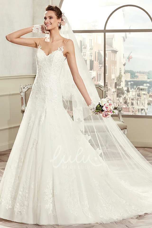 Spaghetti-Strap Sweetheart Warm Wedding Dress with Open Back and Court Train Modern Bridal Gown