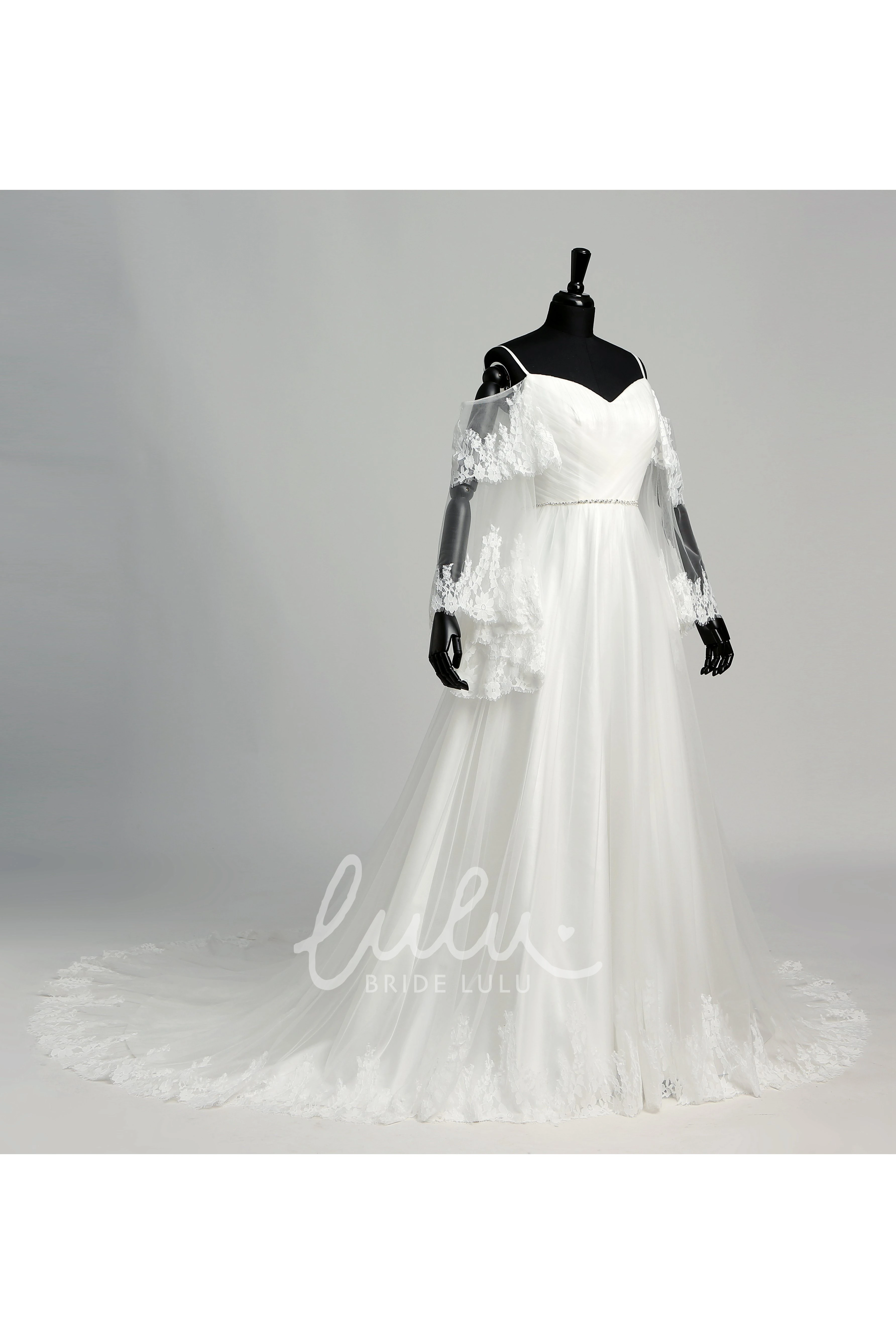 Tulle A-line Wedding Dress with Off-the-shoulder Neckline Spaghetti Straps Bell Sleeves and Illusion Details