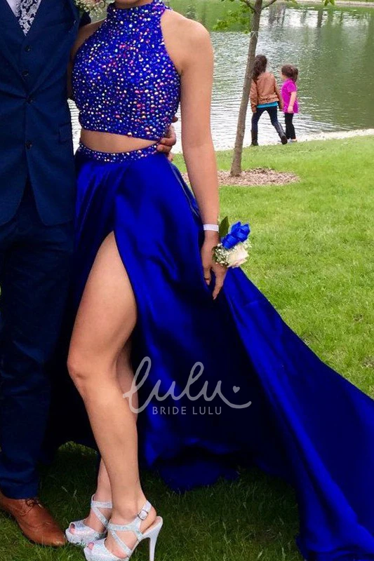 Satin Halter A-Line Sleeveless Formal Dress with Sequins