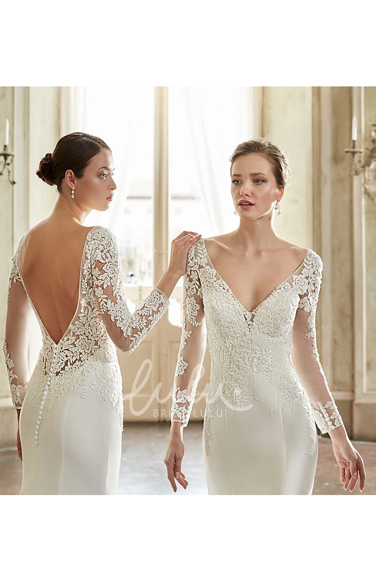 Princess Elegant Mermaid Boho Lace V-Neck Sleeved Wedding Dress Floral Modern Western Backless Sweep Train with Appliques