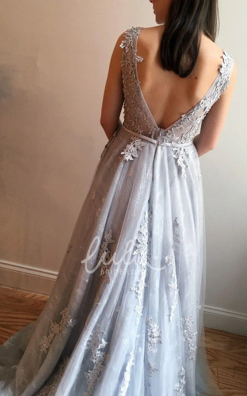 Blue Gray Lace Bridesmaid Dress Romantic and Unique Bridal Gown