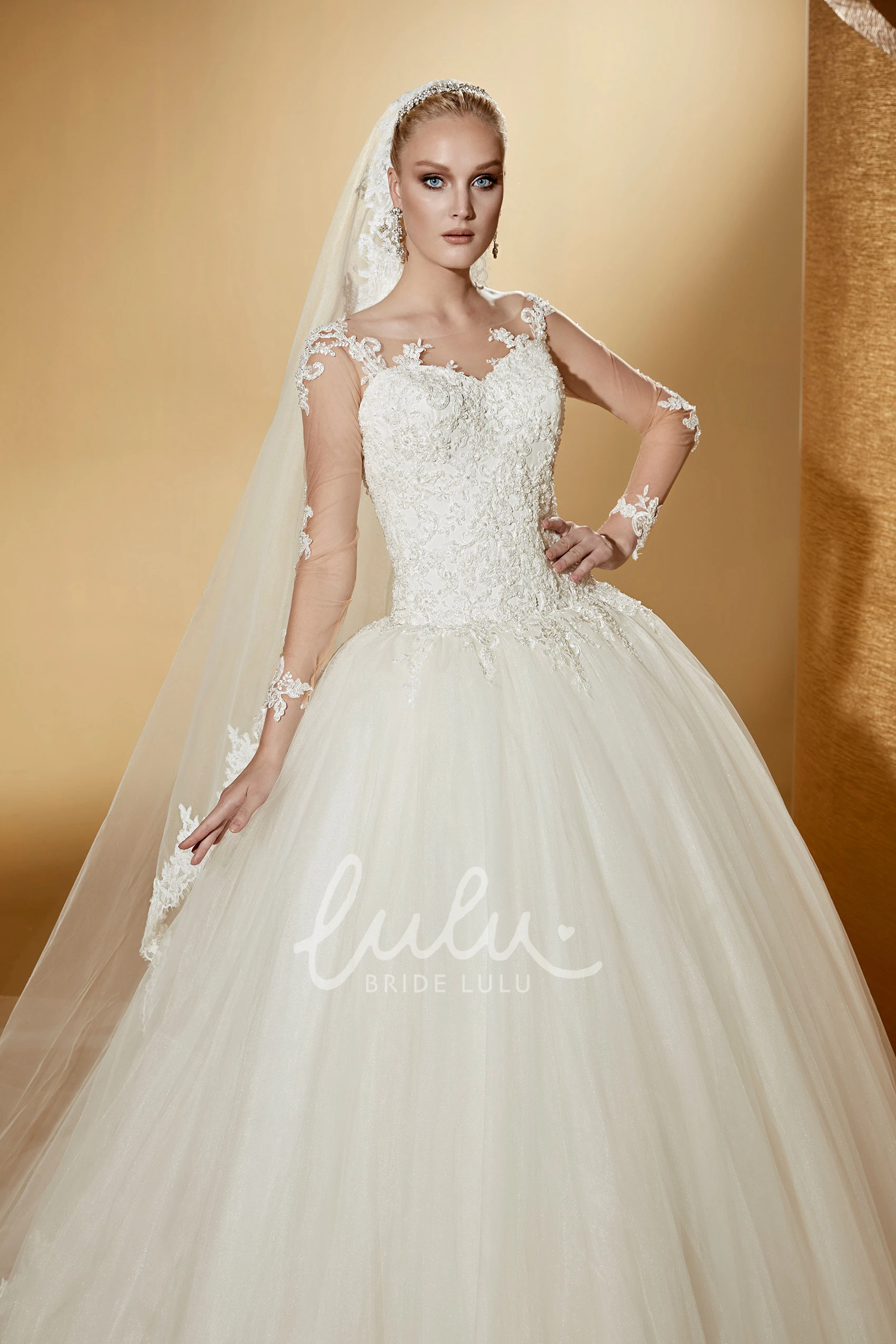 Long-Sleeve Ball Gown with Illusive Design and Lace Bodice Modern and Sophisticated