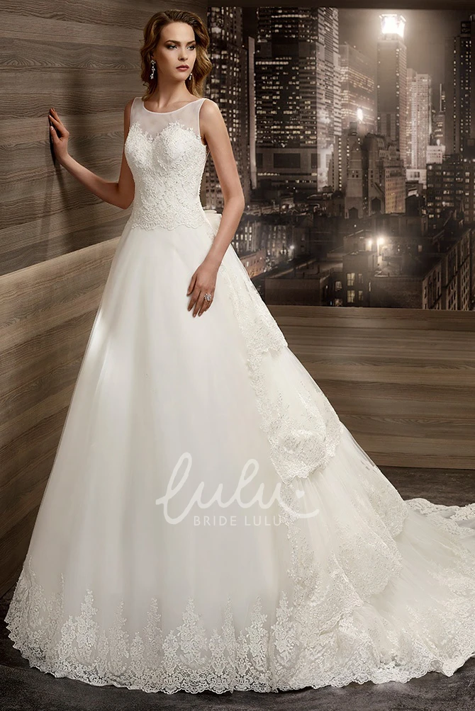 Cap Sleeves Keyhole Back A-Line Wedding Dress Illusion Jewel-Neck Tiers Train