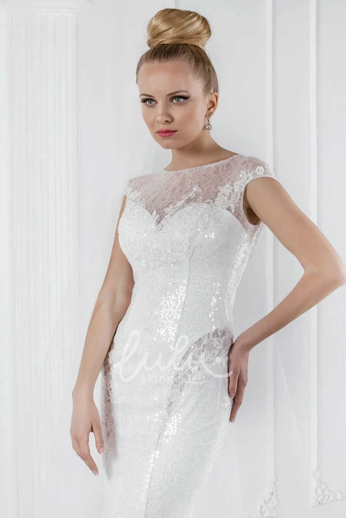 Sequined Lace Sheath Wedding Dress with Illusion Neckline