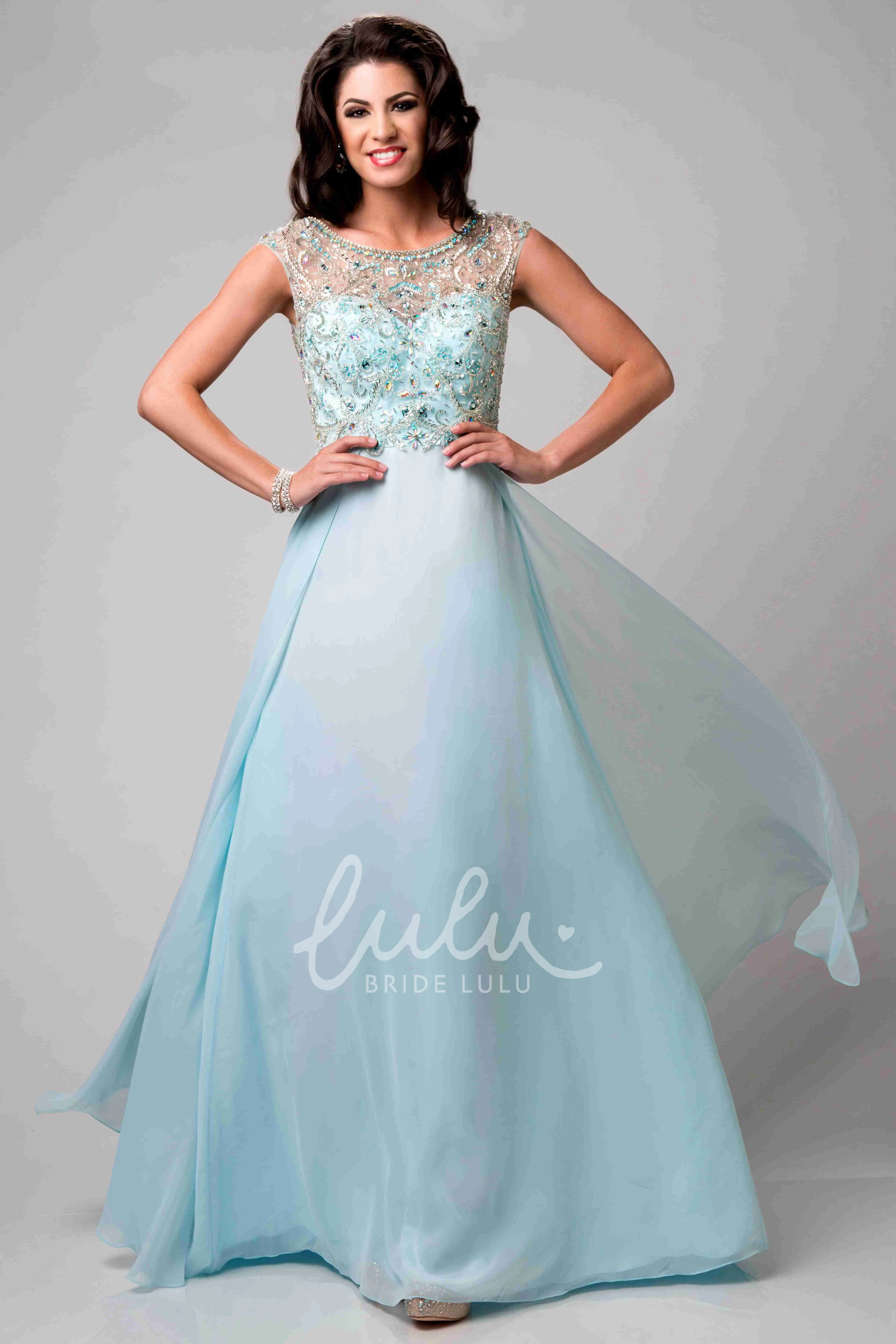 Chiffon Prom Dress with Beaded Bodice Cap Sleeves and Elegant Bateau Neckline