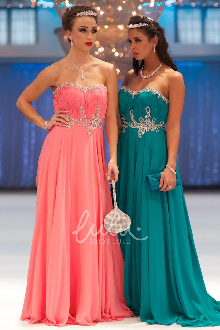 A-Line Ruched Sweetheart Chiffon Prom Dress With Beading Long Flowy Dress