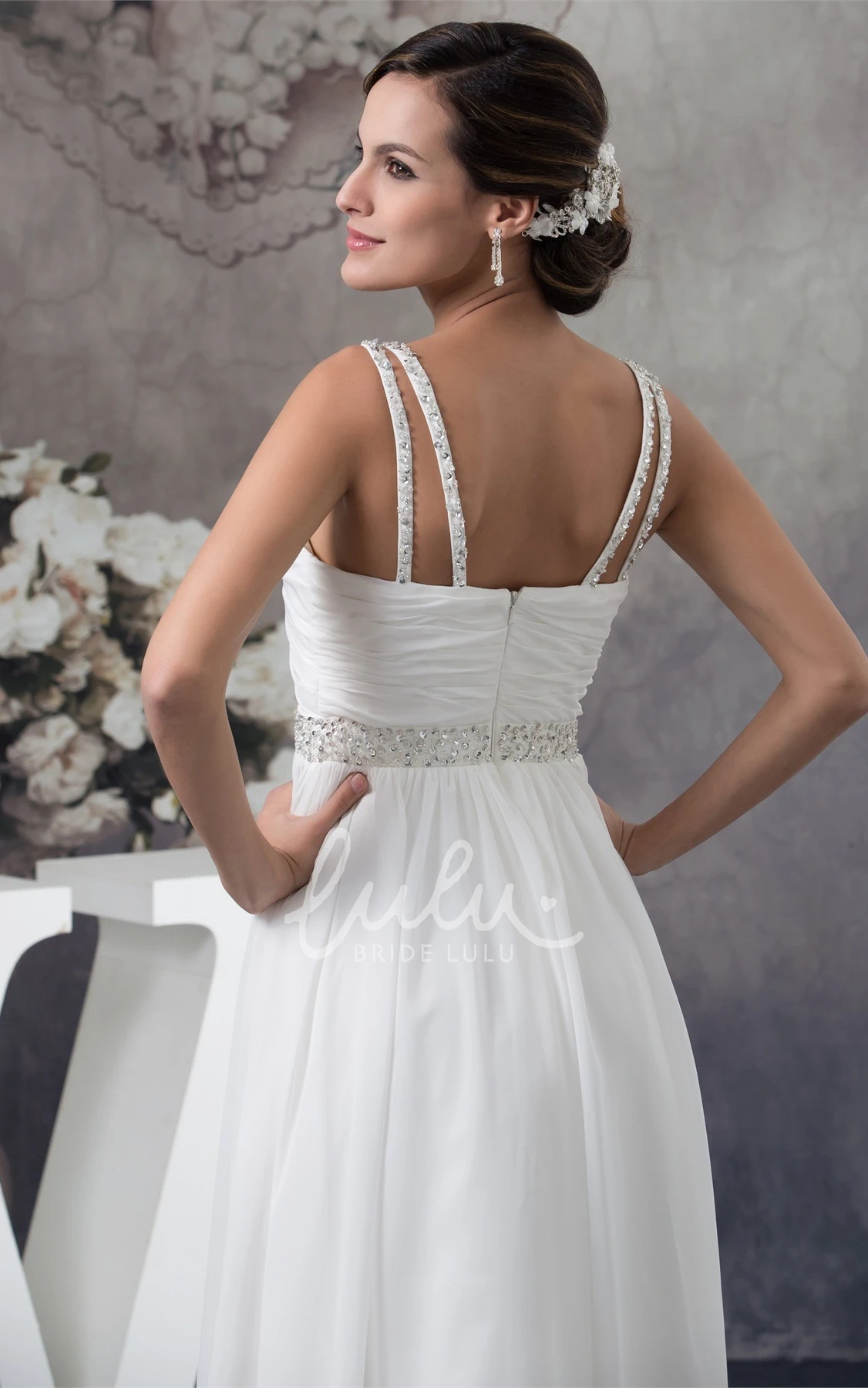 Crystal Detailing Chiffon Wedding Gown Sleeveless Floor-Length Straps Modern