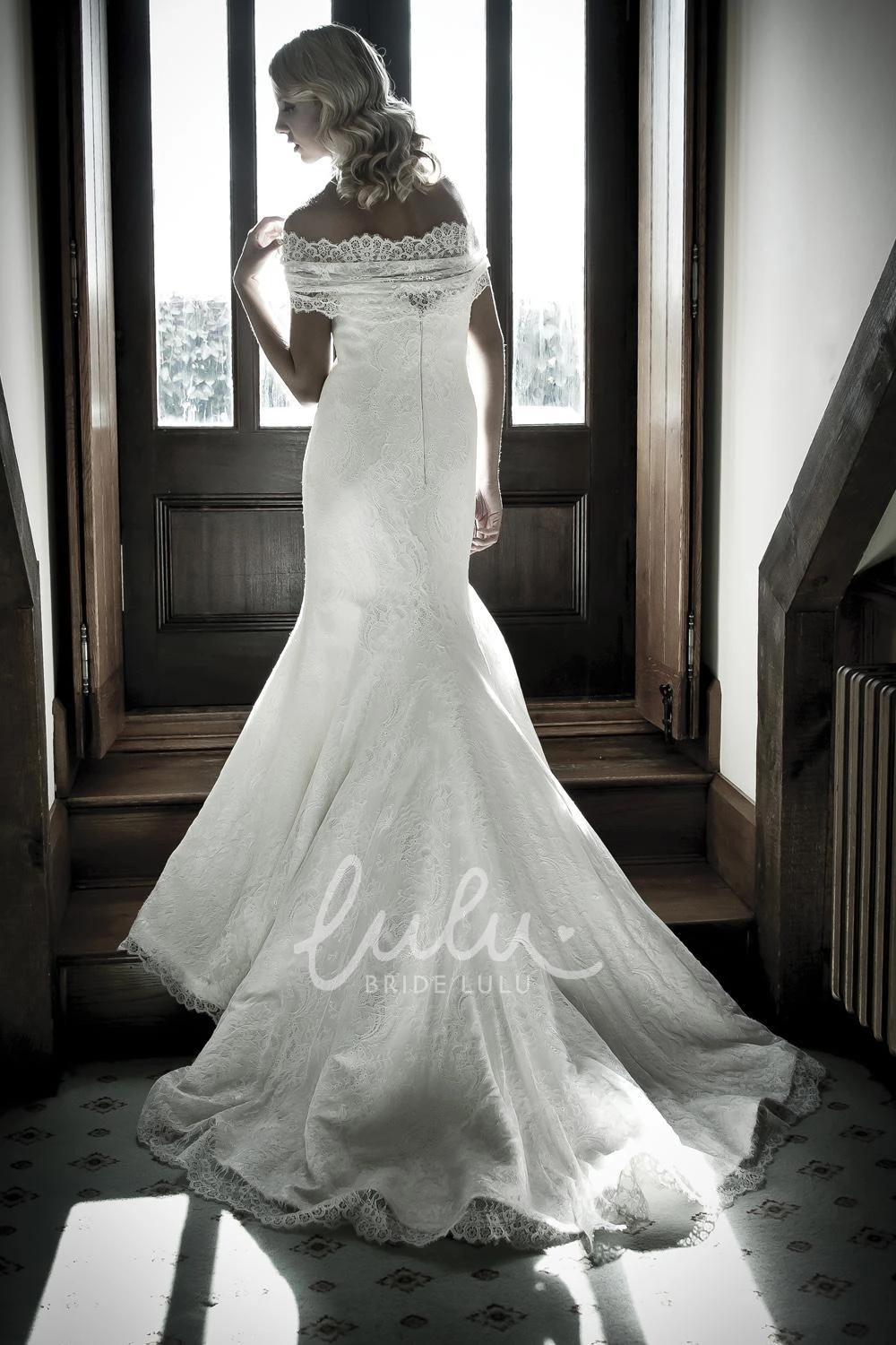 Off-The-Shoulder Lace Sheath Wedding Dress with Zipper Closure
