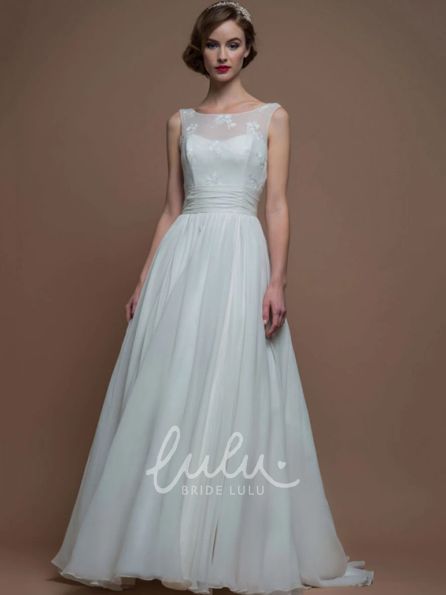 Sleeveless Maxi Appliqued Bateau Wedding Dress A-Line with Low V-Back