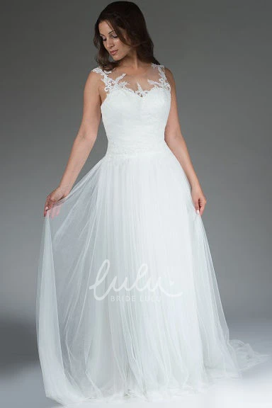 Embroidered Top A-Line Wedding Dress with Tulle Skirt and Illusion Neckline