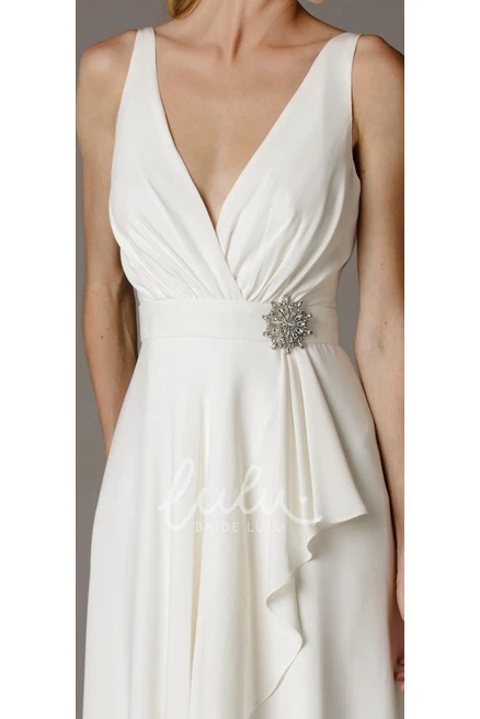 Chiffon V-Neck Wedding Dress with Ruched Draping and Brush Train