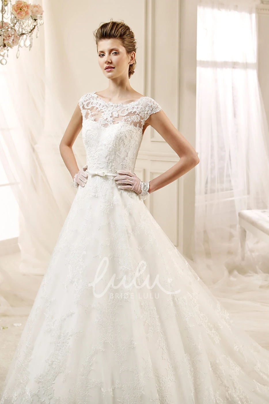 A-line Lace Wedding Gown with Cap Sleeves Appliques and Jewel Neckline