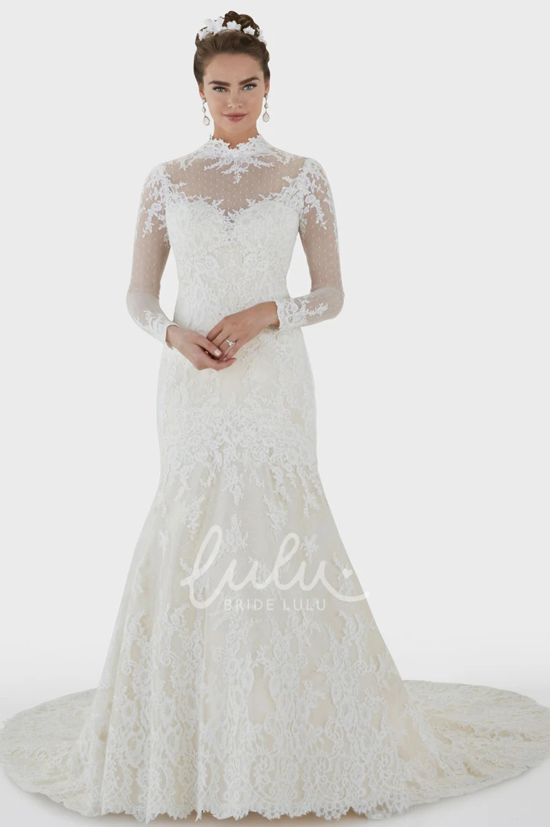 Long-Sleeve High Neck Mermaid Wedding Dress with Lace Illusion