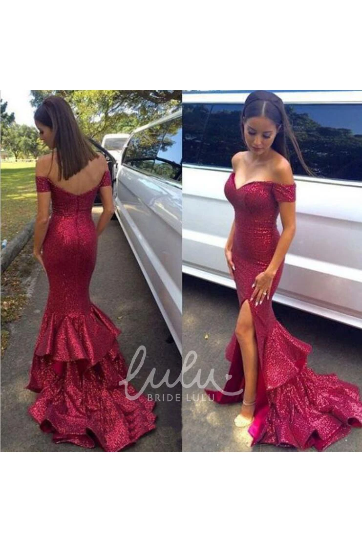 Off-the-shoulder Sequin Mermaid Formal Dress with Cap Sleeves
