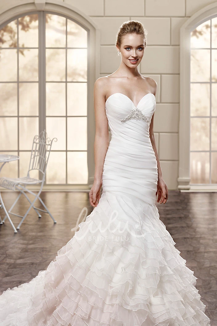 Mermaid Organza Wedding Dress with Tiered Skirt Sweetheart Neckline and Beading