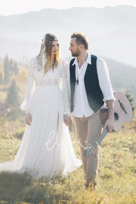 Bohemian Plunging Chiffon Wedding Dress with Lace Details Long Sleeve Bridal Gown