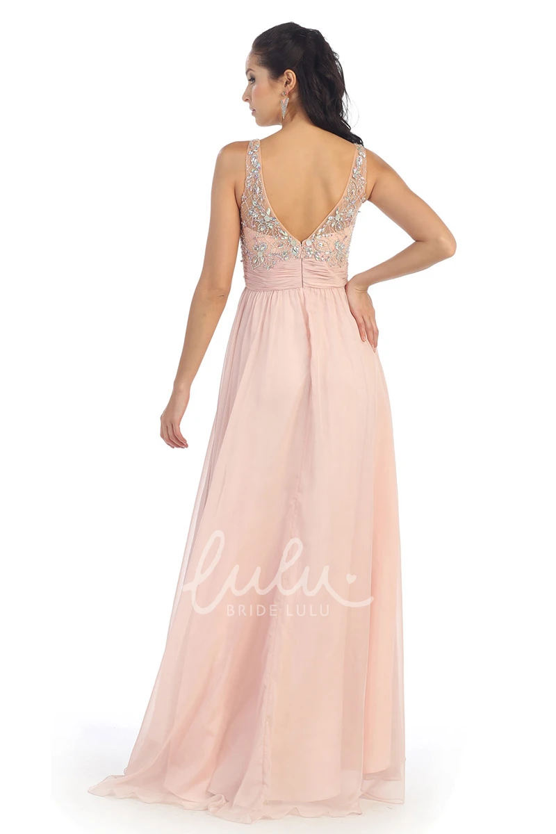 Long A-Line Chiffon Formal Dress with Draping and Beaded Scoop Neckline