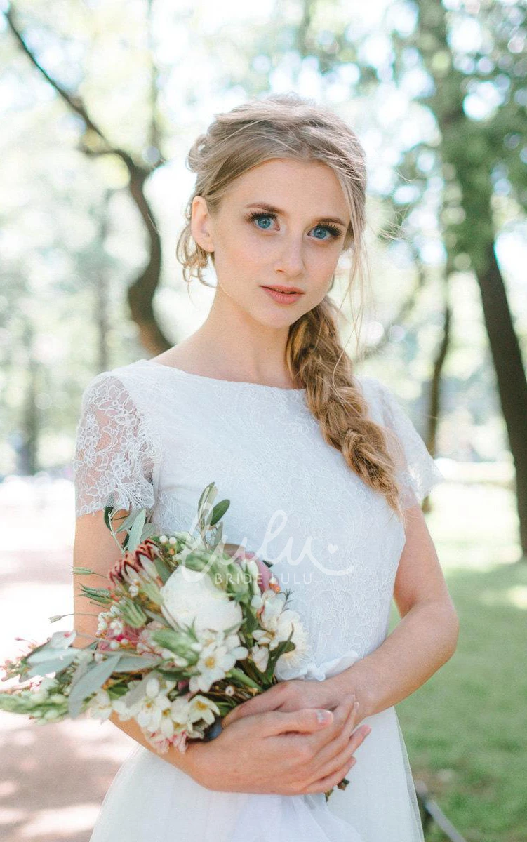 Floor-Length Tulle Lace Satin Wedding Dress with Floral Accents