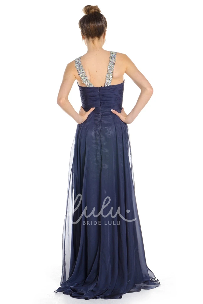 Maxi Chiffon Prom Dress with Beaded Straps and Pleats
