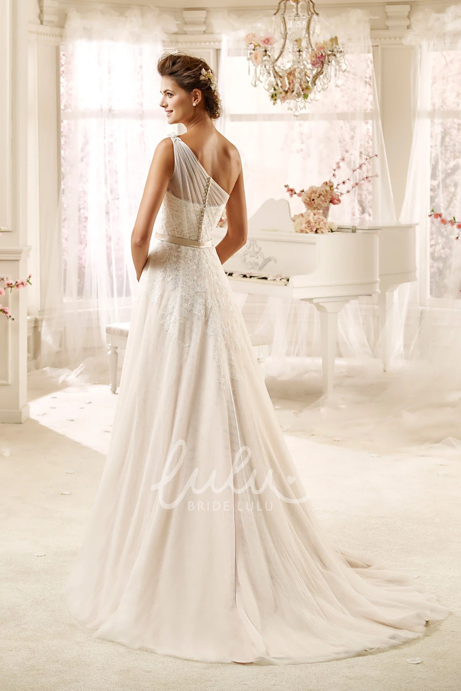 Draping One-Shoulder Tulle Wedding Dress with Satin Sash